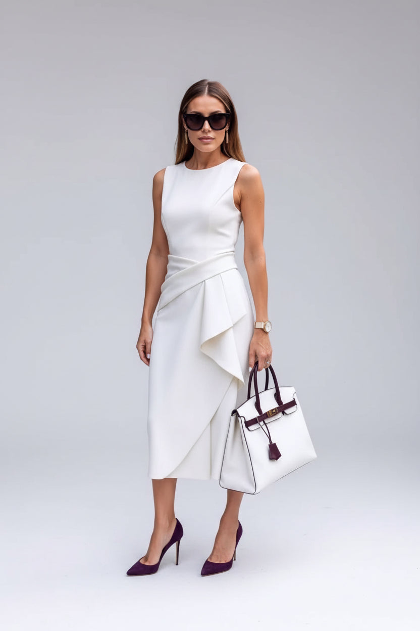 Woman in a white dress holding a white handbag against a gray wall.