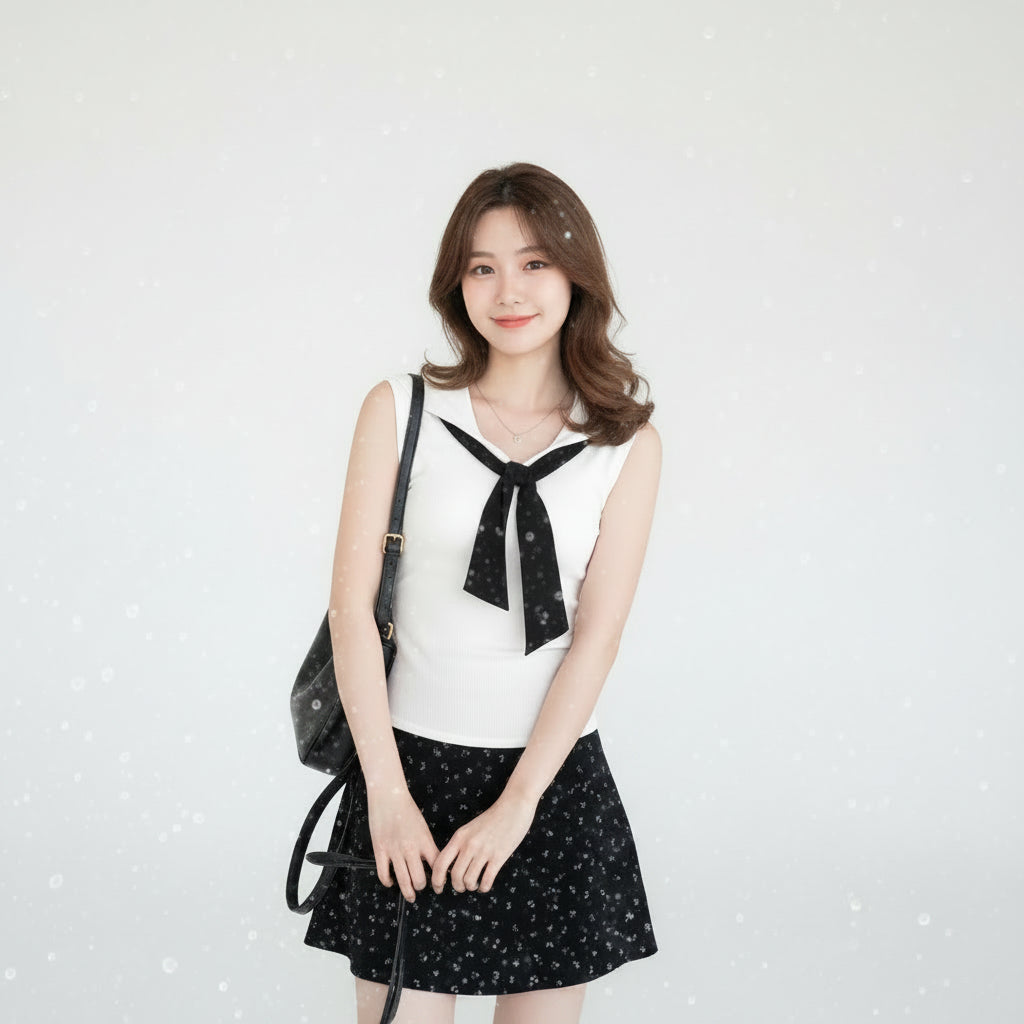 Woman in a white sleeveless top with a black bow tie and black polka dot skirt standing indoors.