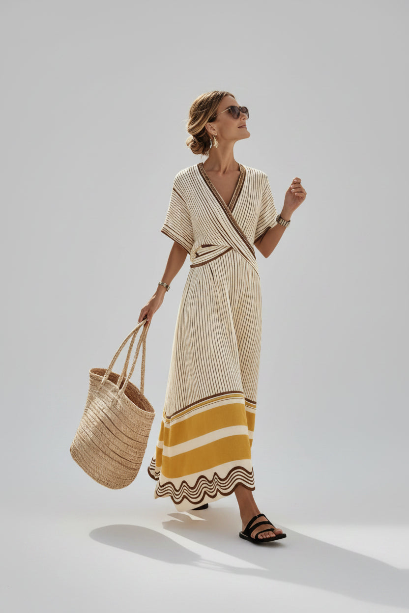 A woman wearing a cream and beige vertically striped wrap maxi dress with a yellow and beige striped hem, walking on a white-walled street in a Mediterranean-style setting while carrying a straw tote bag.