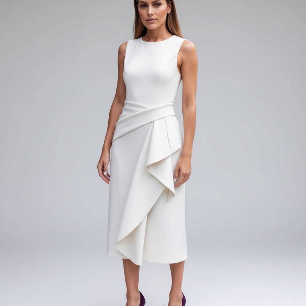 Woman in a white dress holding a white handbag against a gray wall.