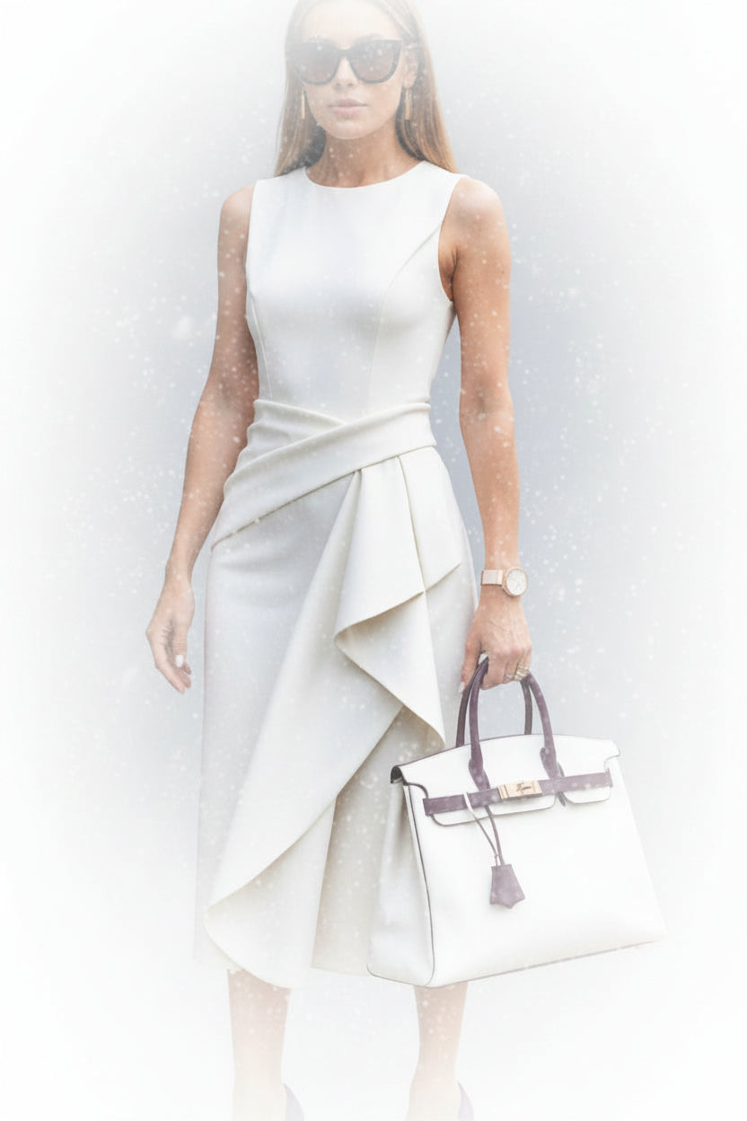 Woman in a white dress holding a white handbag against a gray wall.