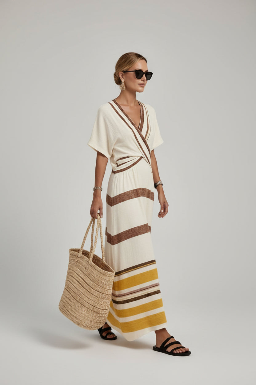 A woman wearing a cream wrap-style maxi dress with brown and yellow horizontal stripes, walking on a white-walled street with a woven straw tote bag.