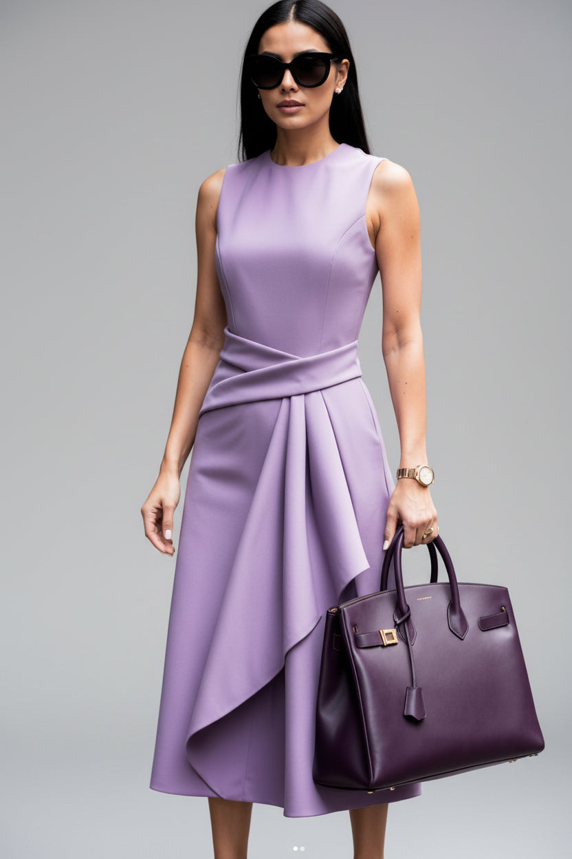 Woman wearing a purple dress and holding a matching handbag against a gray wall.